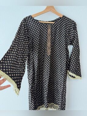 Black Printed Kurta with Gold Motif & Fringe Detail GIRLS SIZING